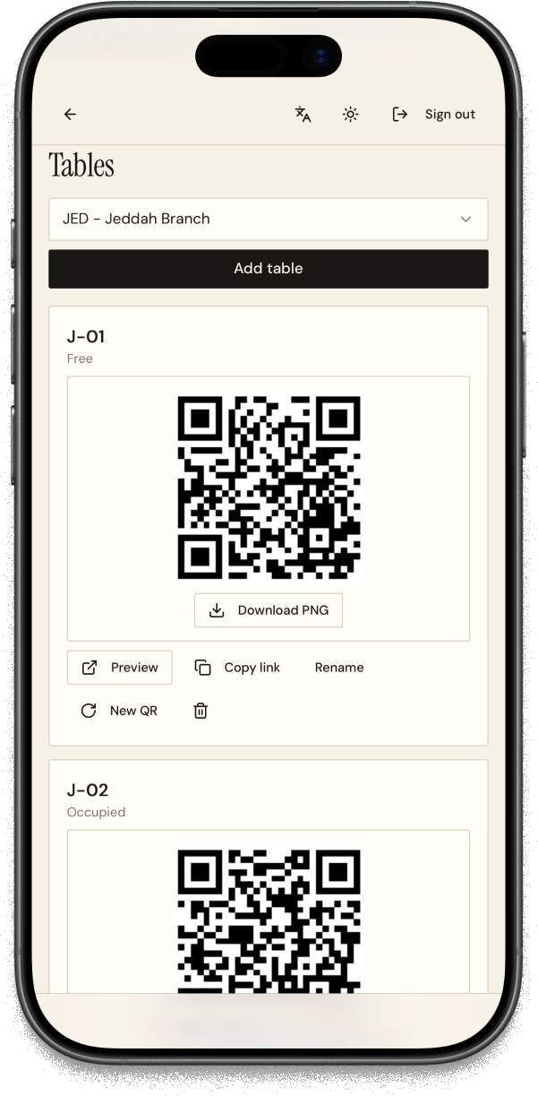 شاشة الطاولات ورمز QR جاهز للتحميل للطاولة J-01